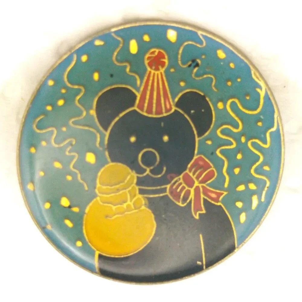 Vintage Enamel Birthday Party Bear Pin - Black Teddy Bear with Party Hat & Bow